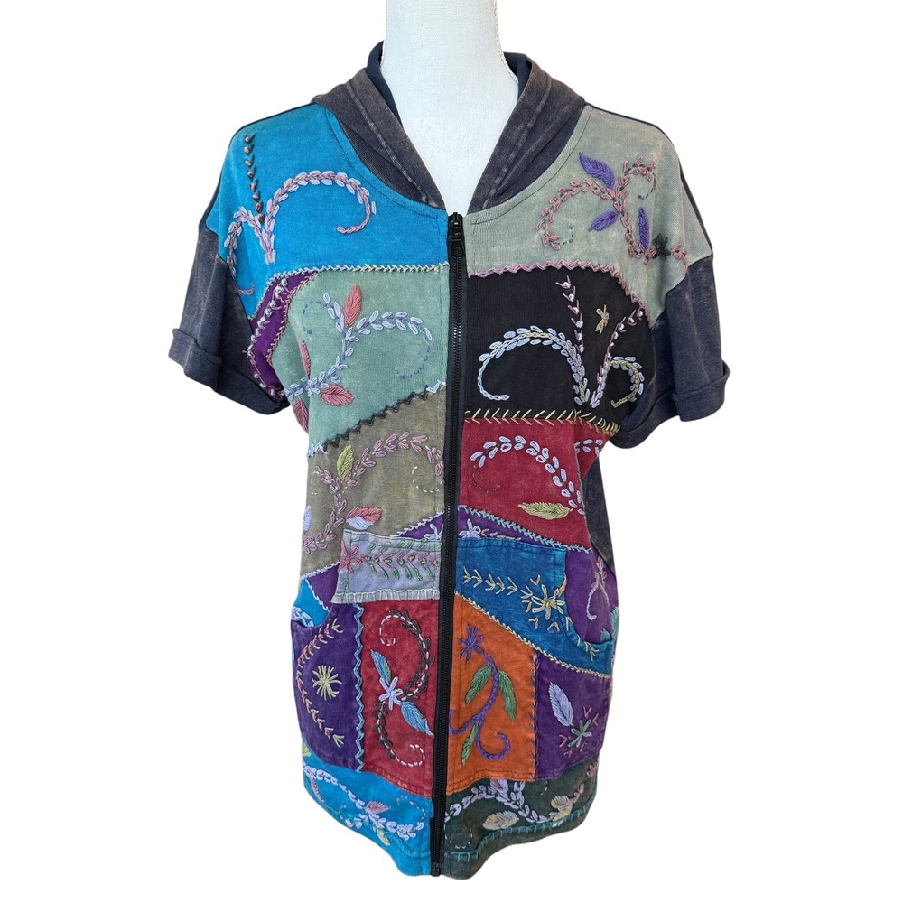 Boho‎ Patchwork Embroidered Short Sleeve Zip Up Hoodie XL Multicolor Nepal